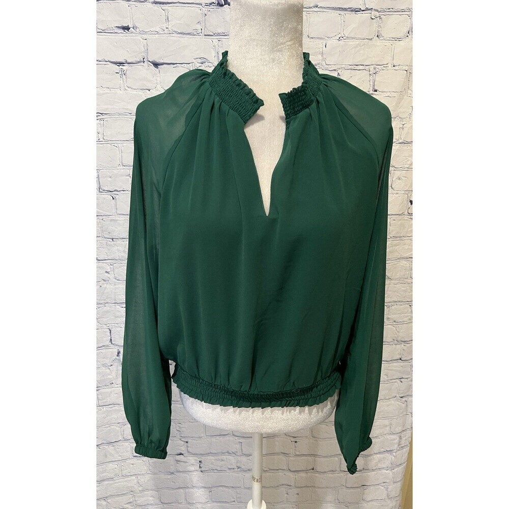 Ann Taylor Green Split Neck Long Sleeve Blouse Top Size Small